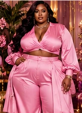 Plus-size model in pink matching set